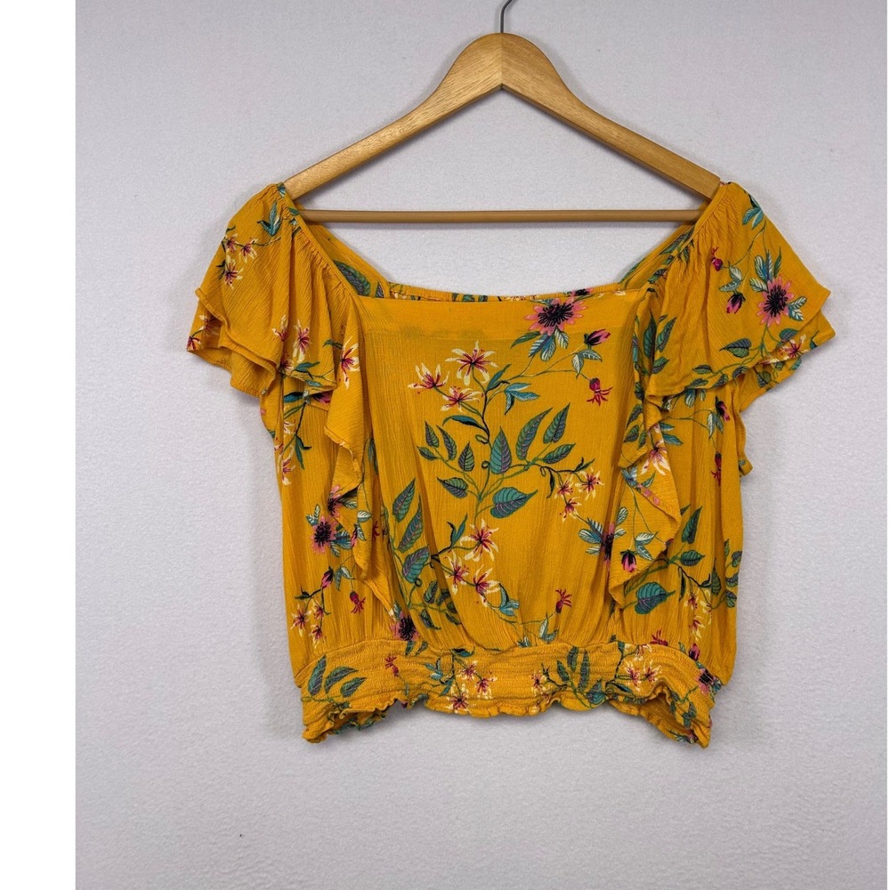 Boho Tropical a.n.a Women Large Yellow Floral Ruffle Smocked Crop Top 75590-0